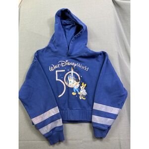 Disney World 50th Anniversary Mickey Minnie Hoodie Blue Kid L Cropped Sweatshirt